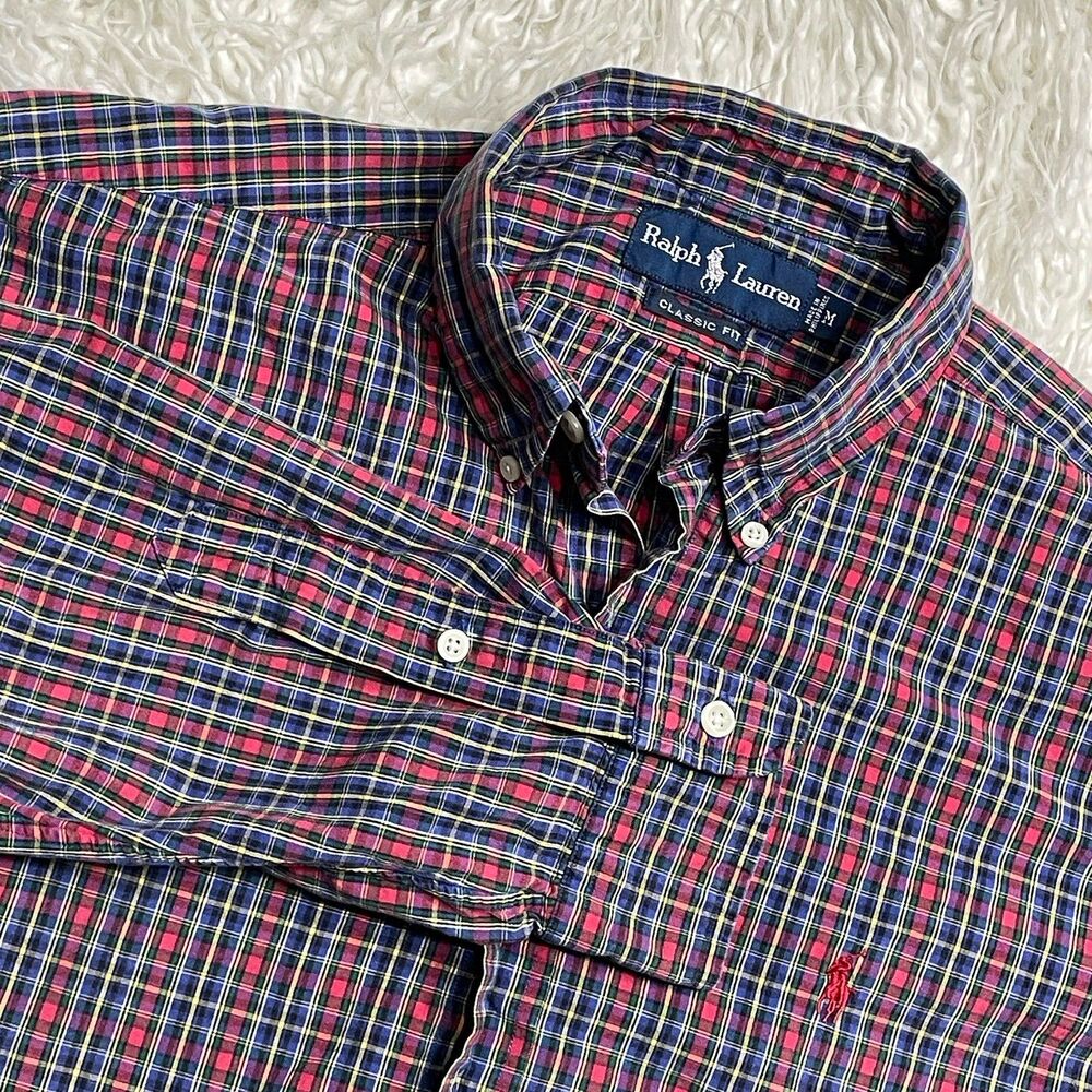 Ralph Lauren Button Up Shirt Mens Medium Red Blue Plaid Classic Fit
